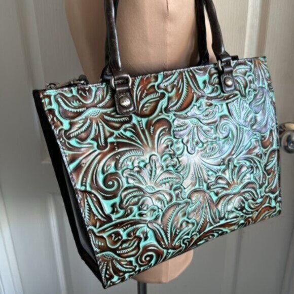 Patricia Nash Zancona Leather Front Tooled Turquoise Shoulder Handbag Xbody - Picture 6 of 12
